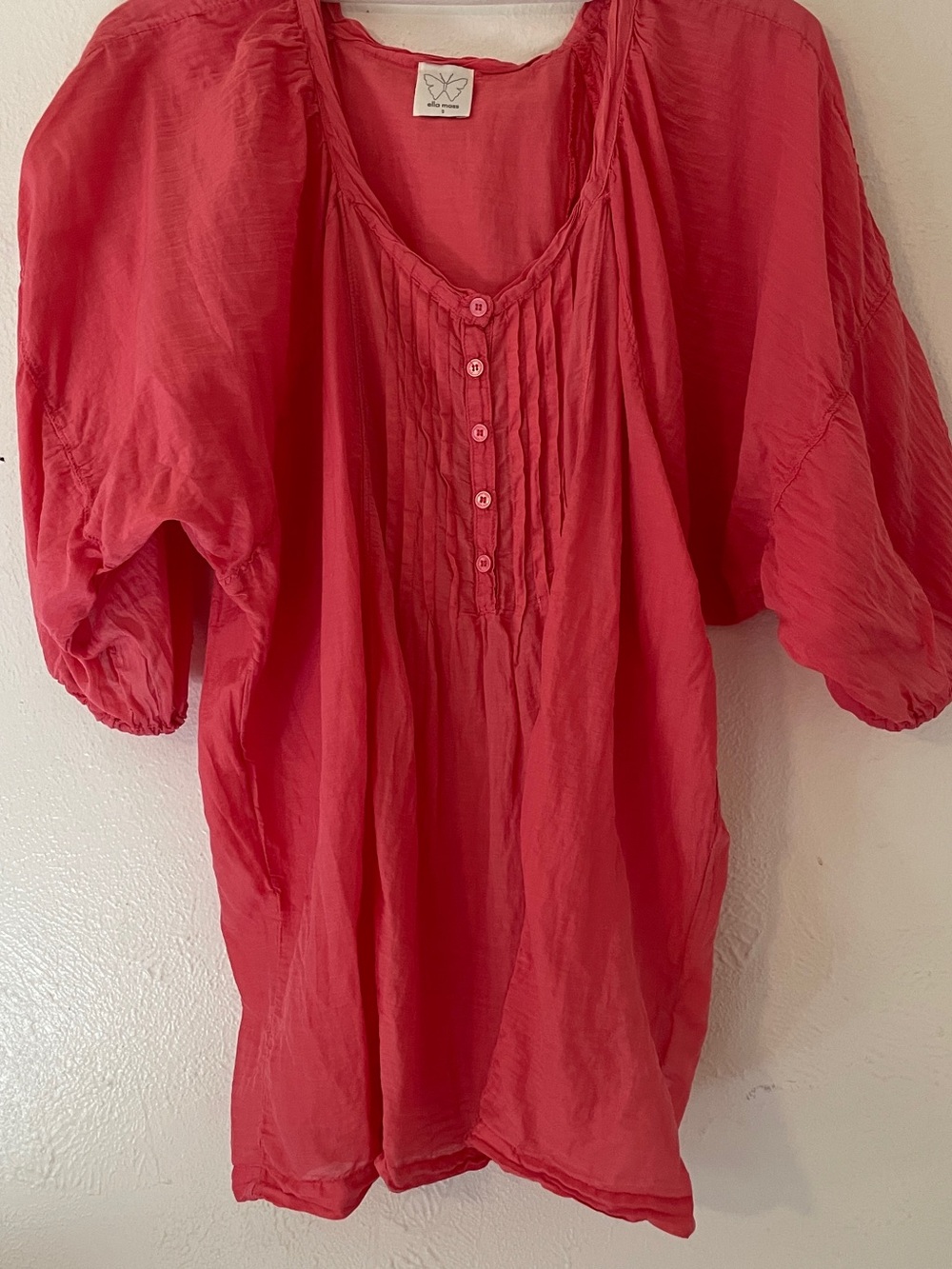 Ella Moss Coral Cotton Silk Pintuck Elbow Puff Sleeve Peasant Blouse S